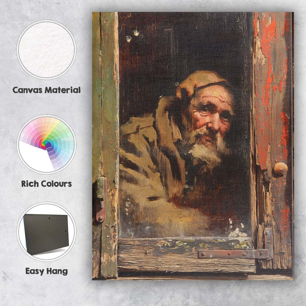 Rustic Elderly Bearded Man Window Portrait Painting Canvas Wall Art Print Decor Picture Ready to Hang