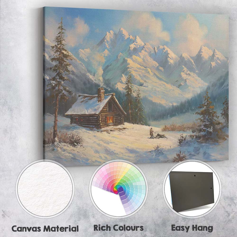 Snowy Mountain Cabin Winter Landscape Painting Canvas Wall Art Print Decor Picture Ready to Hang