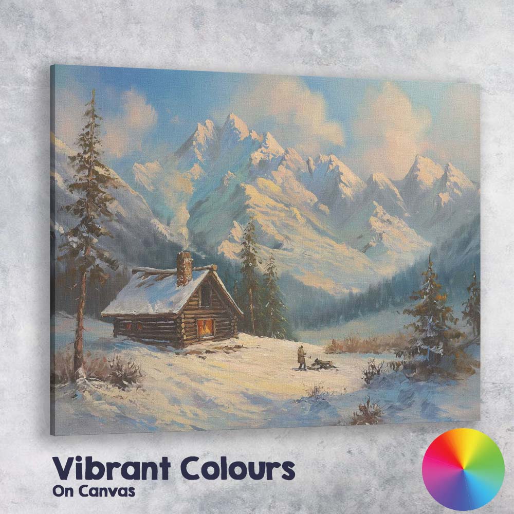 Snowy Mountain Cabin Winter Landscape Painting Canvas Wall Art Print Decor Picture Ready to Hang