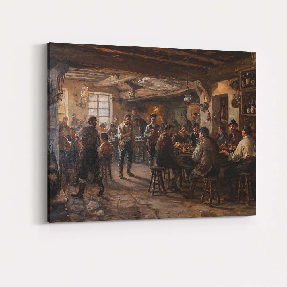 Traditional Rustic Village Tavern Gathering Painting Canvas Wall Art Print Decor Picture Ready to Hang