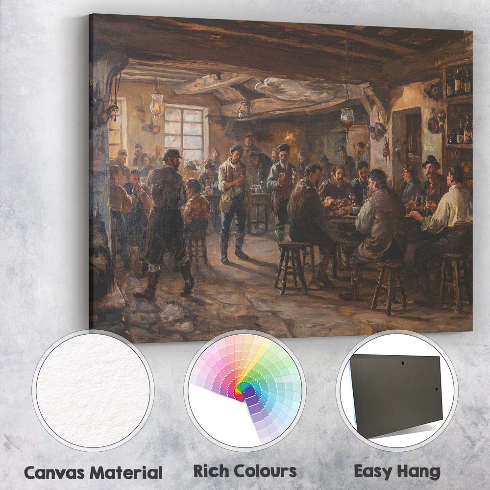 Traditional Rustic Village Tavern Gathering Painting Canvas Wall Art Print Decor Picture Ready to Hang