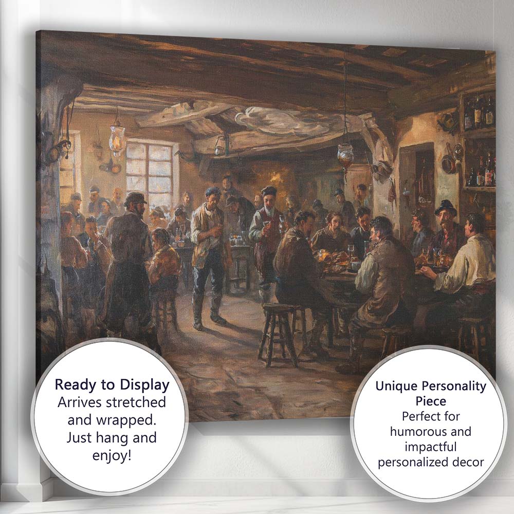 Traditional Rustic Village Tavern Gathering Painting Canvas Wall Art Print Decor Picture Ready to Hang