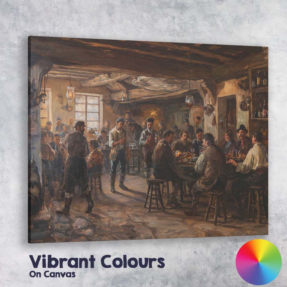 Traditional Rustic Village Tavern Gathering Painting Canvas Wall Art Print Decor Picture Ready to Hang