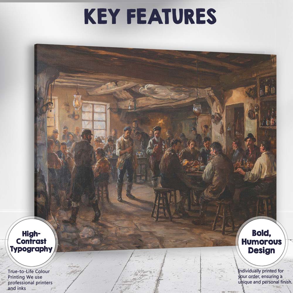 Traditional Rustic Village Tavern Gathering Painting Canvas Wall Art Print Decor Picture Ready to Hang
