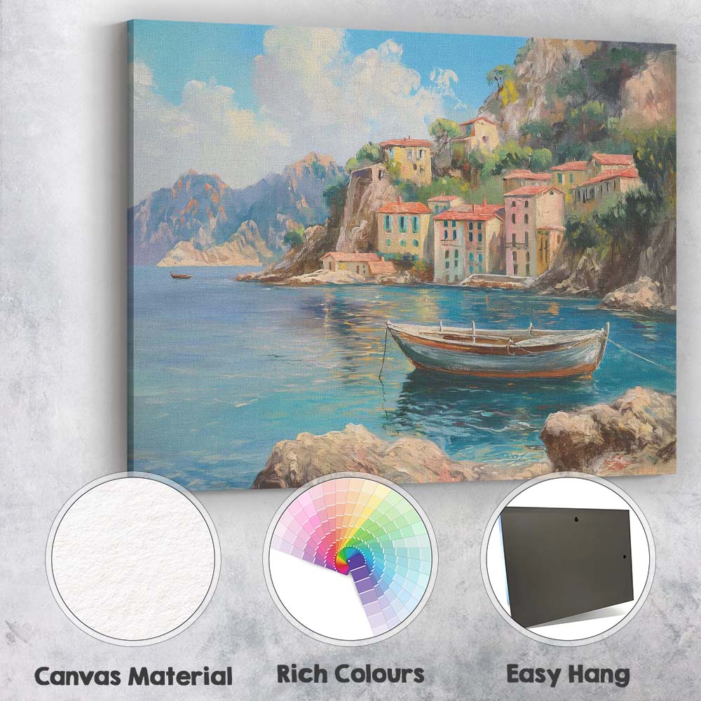 Mediterranean Coastal Village Fishing Boat Seascape Canvas Wall Art Print Decor Picture Ready to Hang