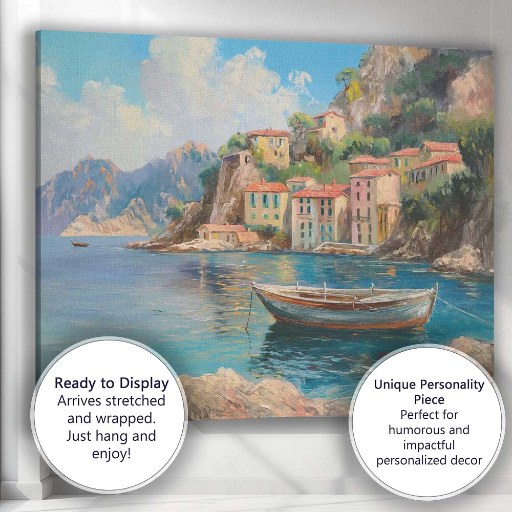Mediterranean Coastal Village Fishing Boat Seascape Canvas Wall Art Print Decor Picture Ready to Hang
