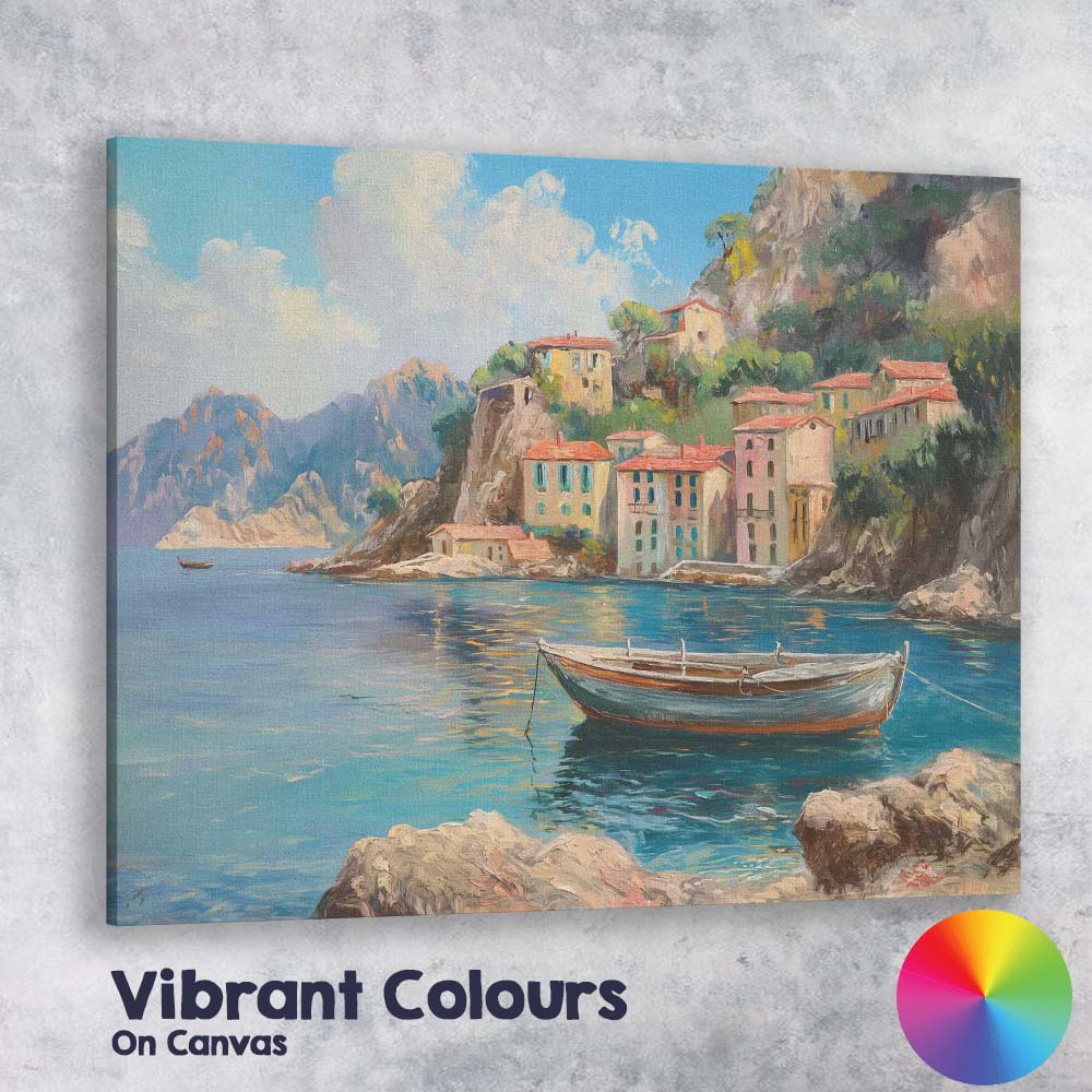 Mediterranean Coastal Village Fishing Boat Seascape Canvas Wall Art Print Decor Picture Ready to Hang