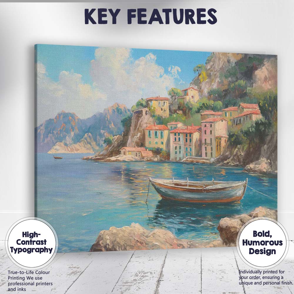 Mediterranean Coastal Village Fishing Boat Seascape Canvas Wall Art Print Decor Picture Ready to Hang