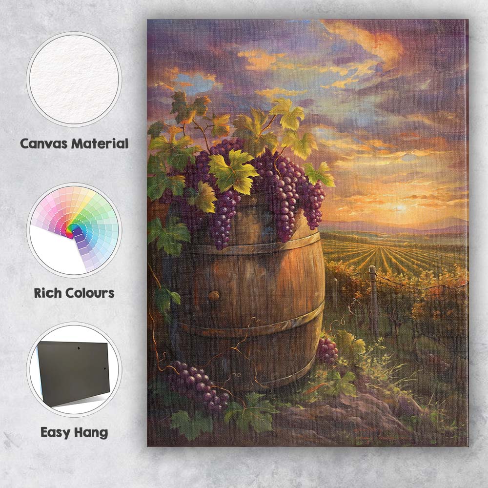 Rustic Vineyard Wine Barrel Purple Grapes Sunset Landscape Canvas Wall Art Print Decor Picture Ready to Hang