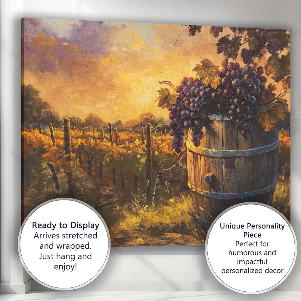 Golden Vineyard Harvest Purple Grapes Rustic Wine Barrel Canvas Wall Art Print Decor Picture Ready to Hang