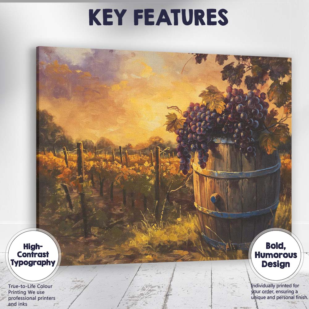 Golden Vineyard Harvest Purple Grapes Rustic Wine Barrel Canvas Wall Art Print Decor Picture Ready to Hang