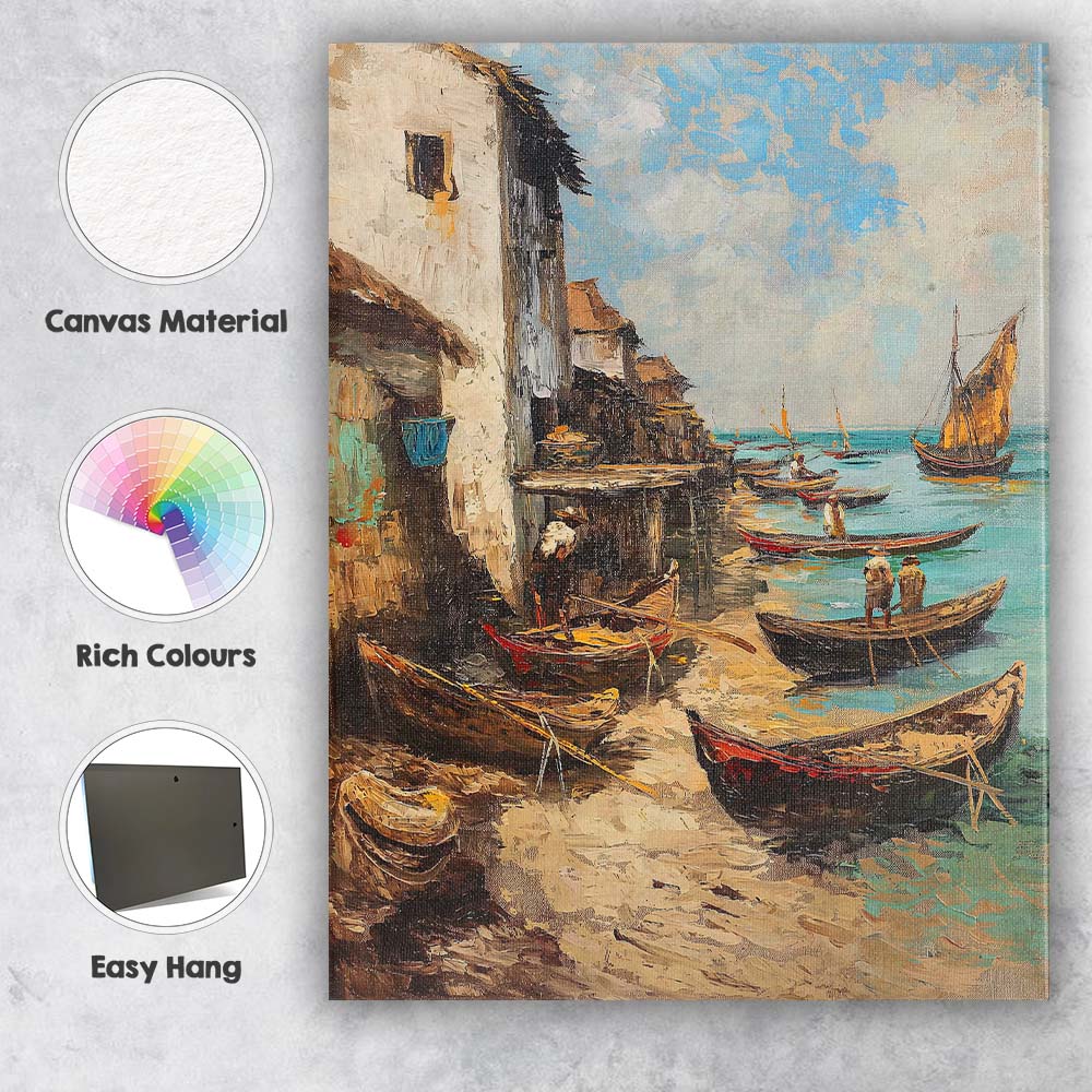 Traditional Coastal Fishing Village Wooden Boats Harbour Canvas Wall Art Print Decor Picture Ready to Hang