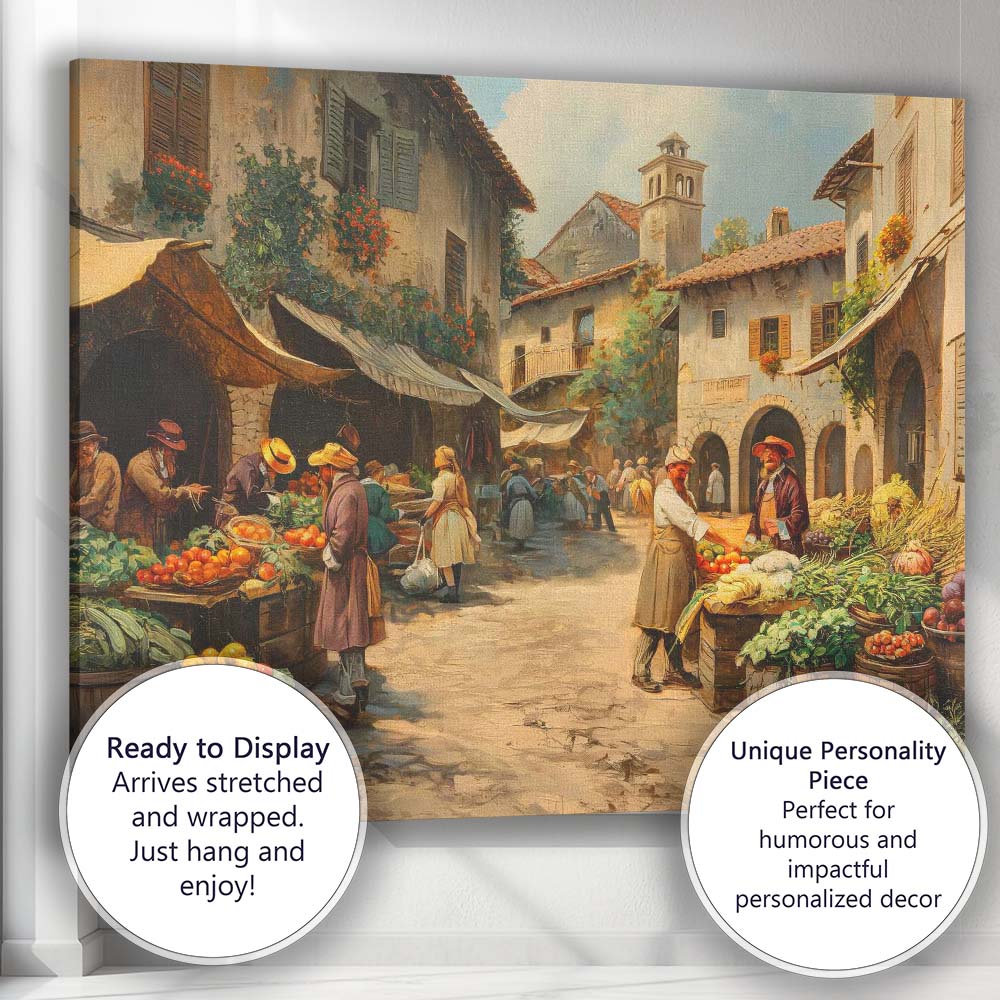 Traditional European Market Square Fresh Produce Street Scene Canvas Wall Art Print Decor Picture Ready to Hang