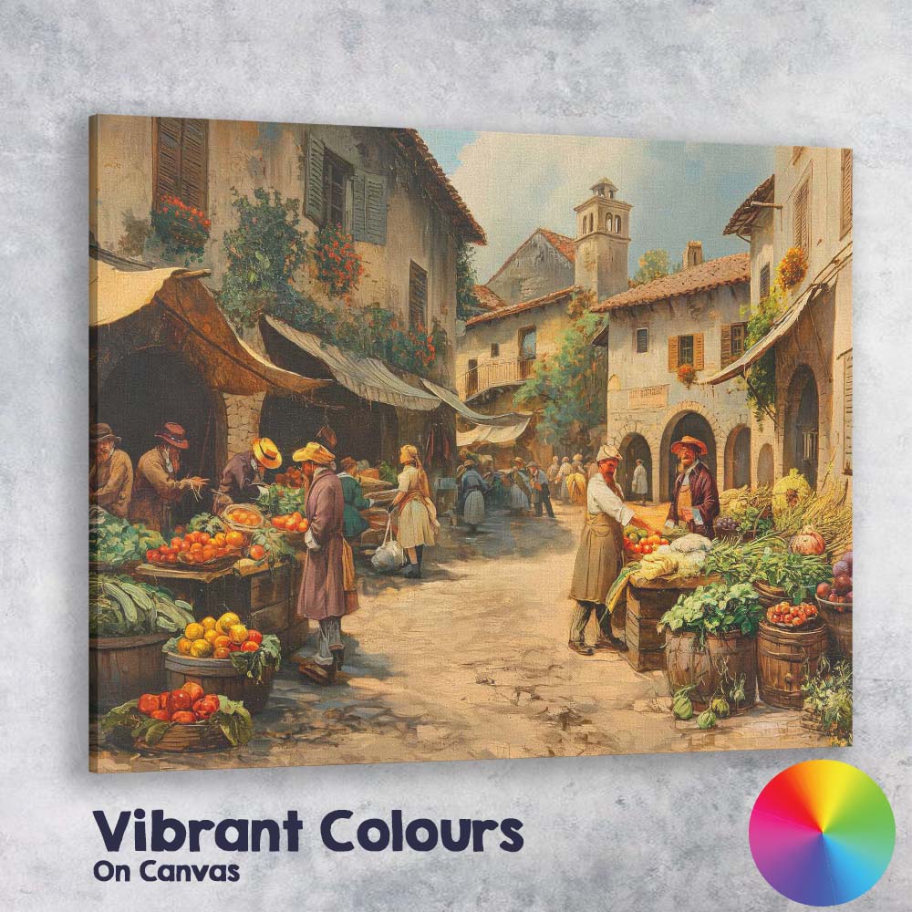 Traditional European Market Square Fresh Produce Street Scene Canvas Wall Art Print Decor Picture Ready to Hang