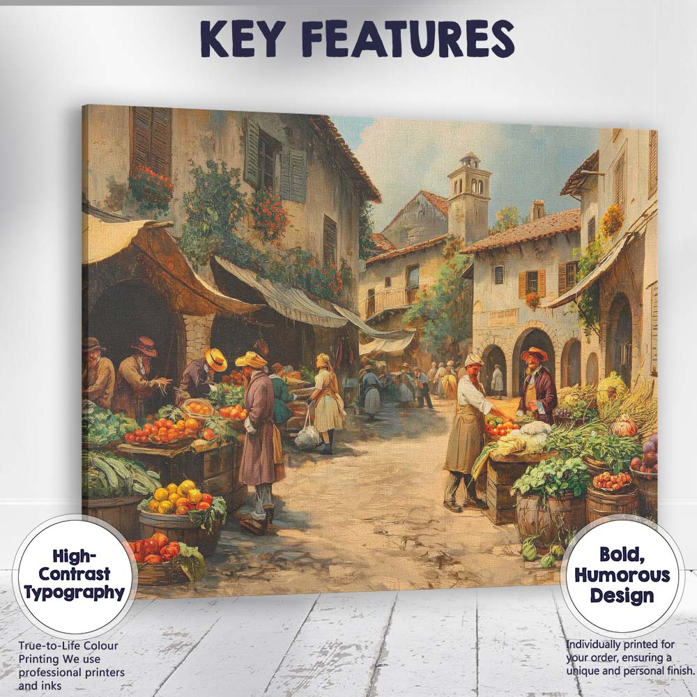Traditional European Market Square Fresh Produce Street Scene Canvas Wall Art Print Decor Picture Ready to Hang