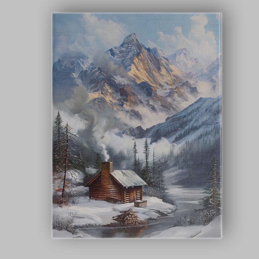 Snow Covered Mountain Cabin Winter Alpine Landscape Canvas Wall Art Print Decor Picture Ready to Hang