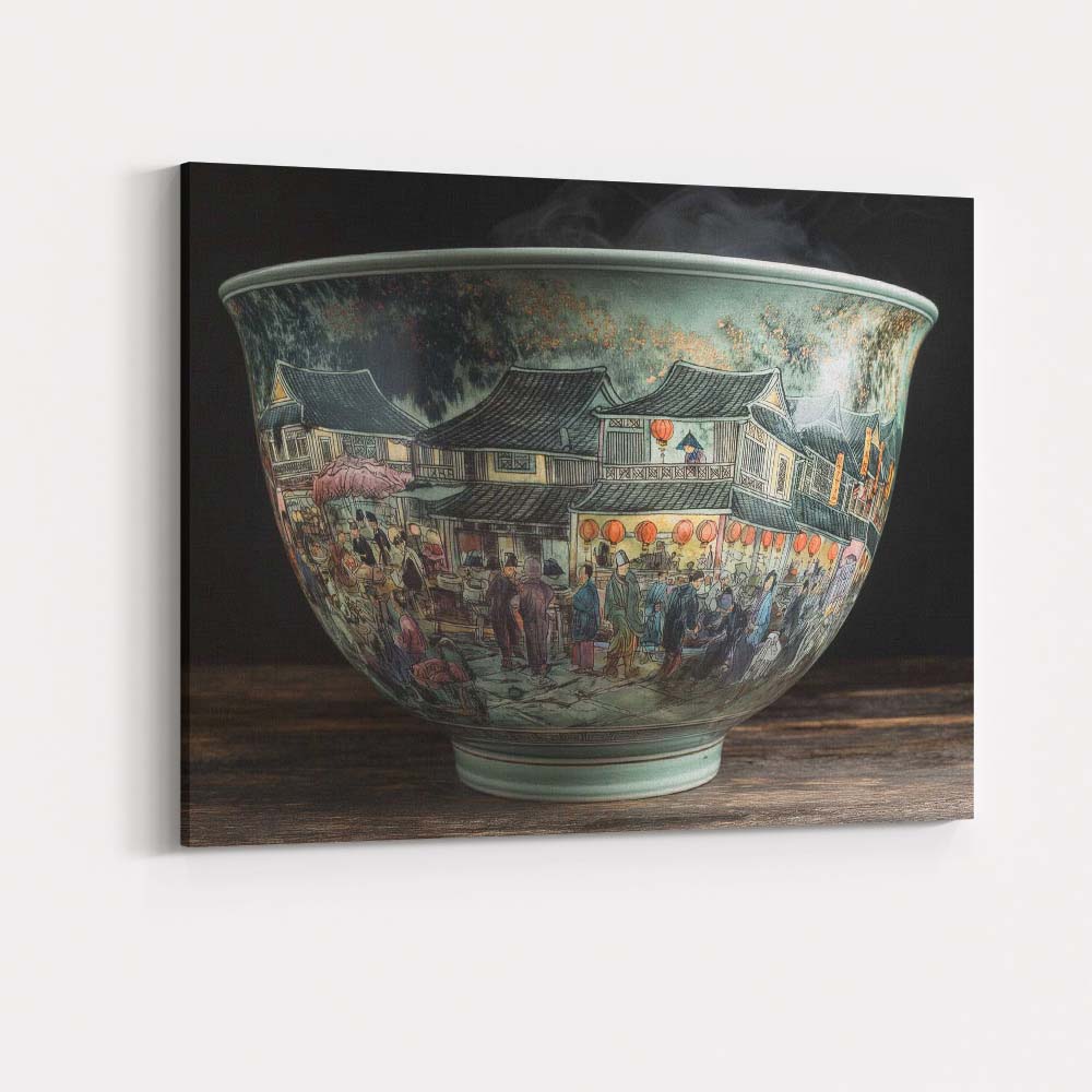 Traditional Chinese Market Street Porcelain Bowl Artwork Canvas Wall Art Print Decor Picture Ready to Hang