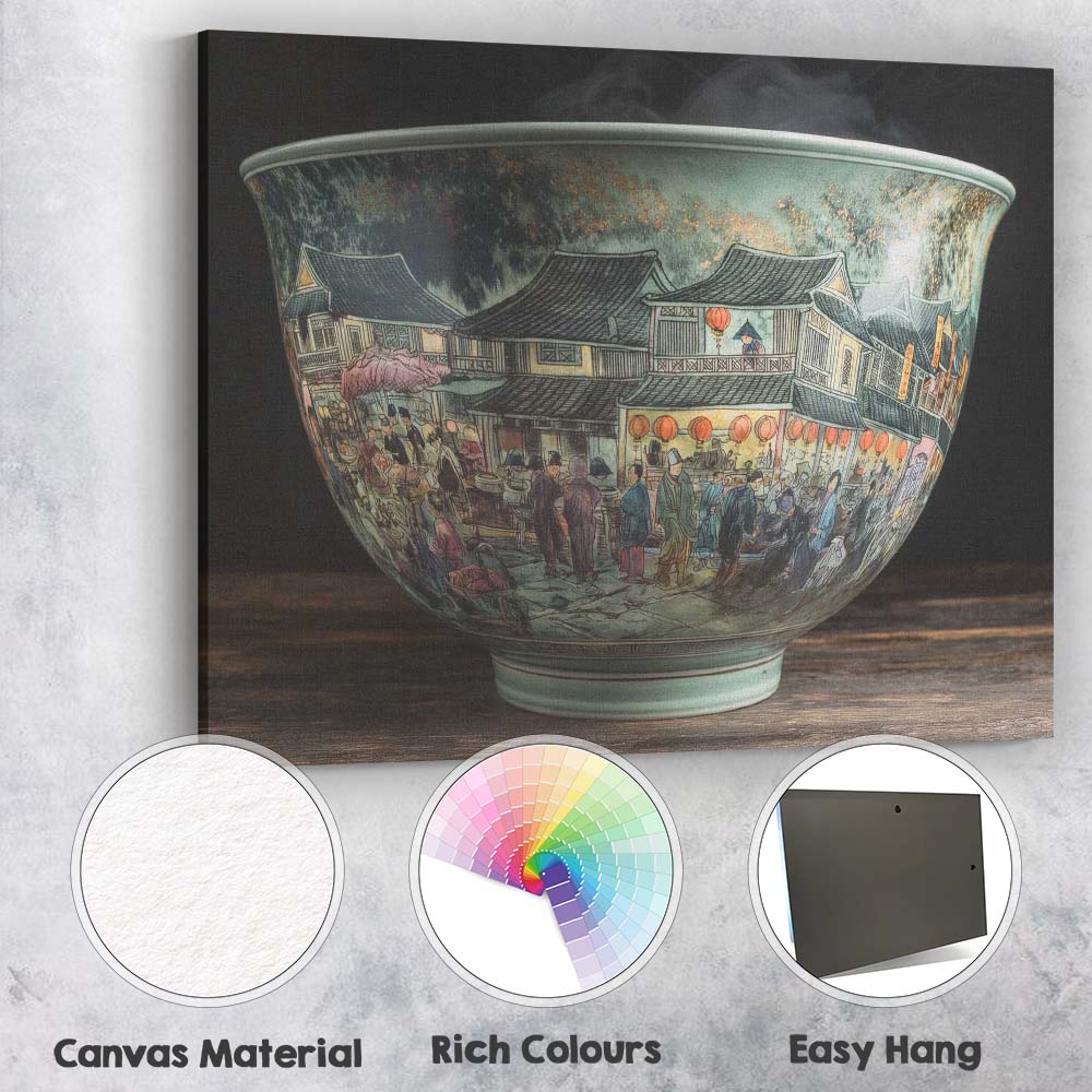 Traditional Chinese Market Street Porcelain Bowl Artwork Canvas Wall Art Print Decor Picture Ready to Hang