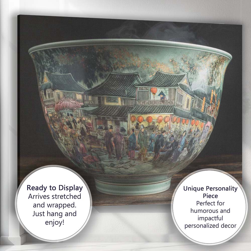Traditional Chinese Market Street Porcelain Bowl Artwork Canvas Wall Art Print Decor Picture Ready to Hang