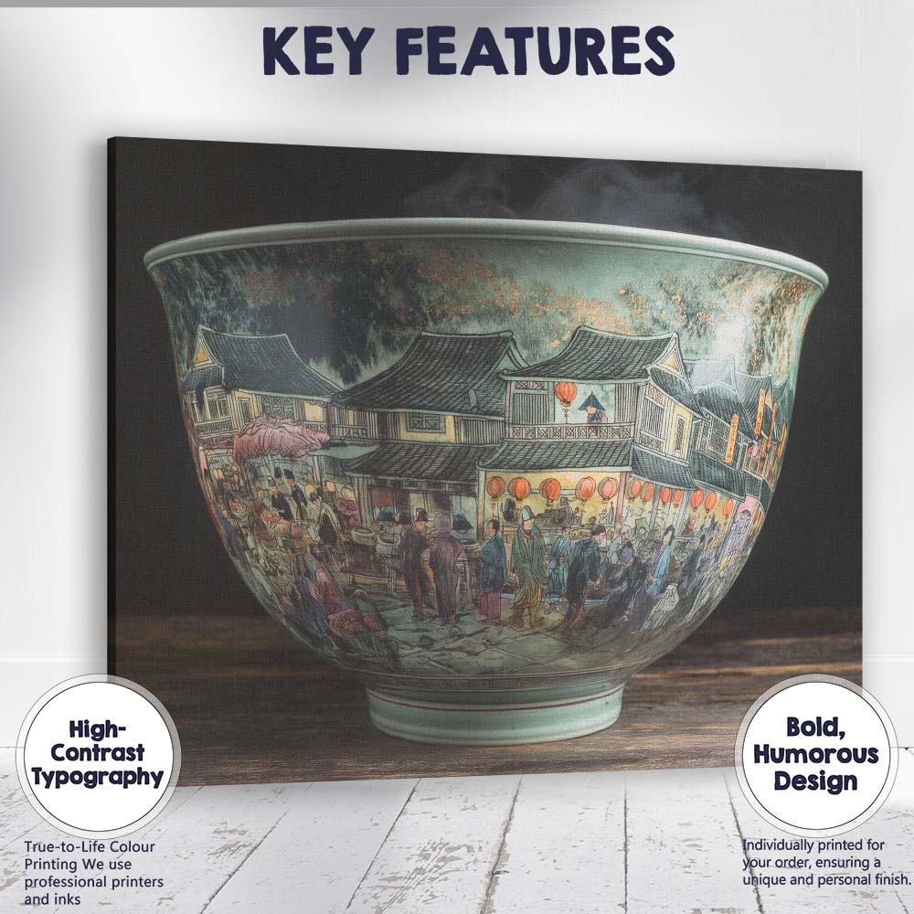 Traditional Chinese Market Street Porcelain Bowl Artwork Canvas Wall Art Print Decor Picture Ready to Hang