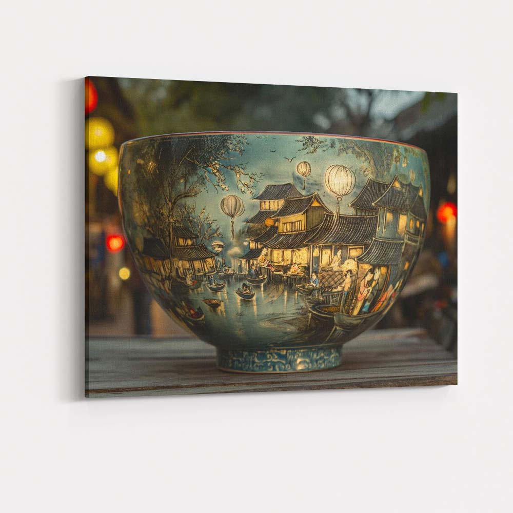 Oriental Lantern Riverside Village Decorative Porcelain Bowl Canvas Wall Art Print Decor Picture Ready to Hang