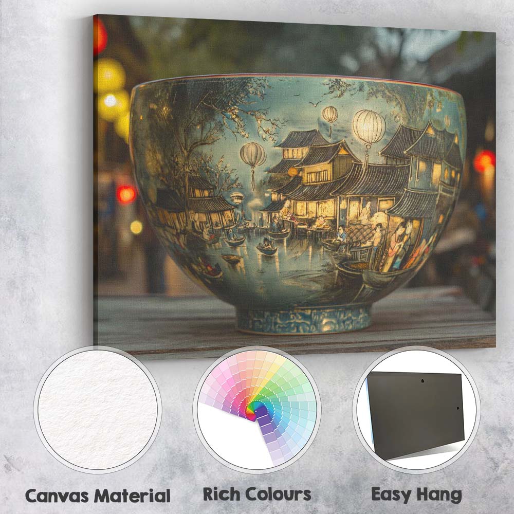 Oriental Lantern Riverside Village Decorative Porcelain Bowl Canvas Wall Art Print Decor Picture Ready to Hang
