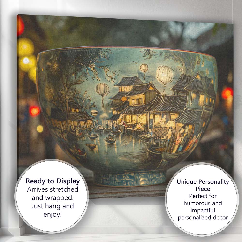 Oriental Lantern Riverside Village Decorative Porcelain Bowl Canvas Wall Art Print Decor Picture Ready to Hang