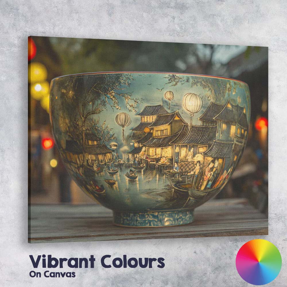 Oriental Lantern Riverside Village Decorative Porcelain Bowl Canvas Wall Art Print Decor Picture Ready to Hang