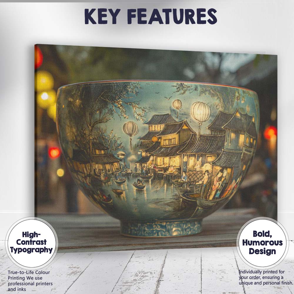 Oriental Lantern Riverside Village Decorative Porcelain Bowl Canvas Wall Art Print Decor Picture Ready to Hang