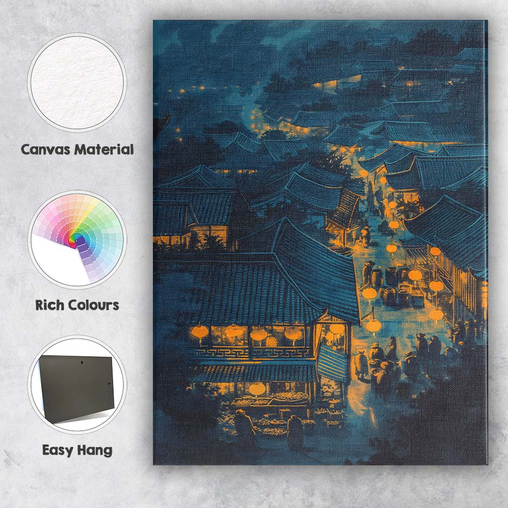 Moonlit Oriental Village Rooftops Lantern Festival Canvas Wall Art Print Decor Picture Ready to Hang