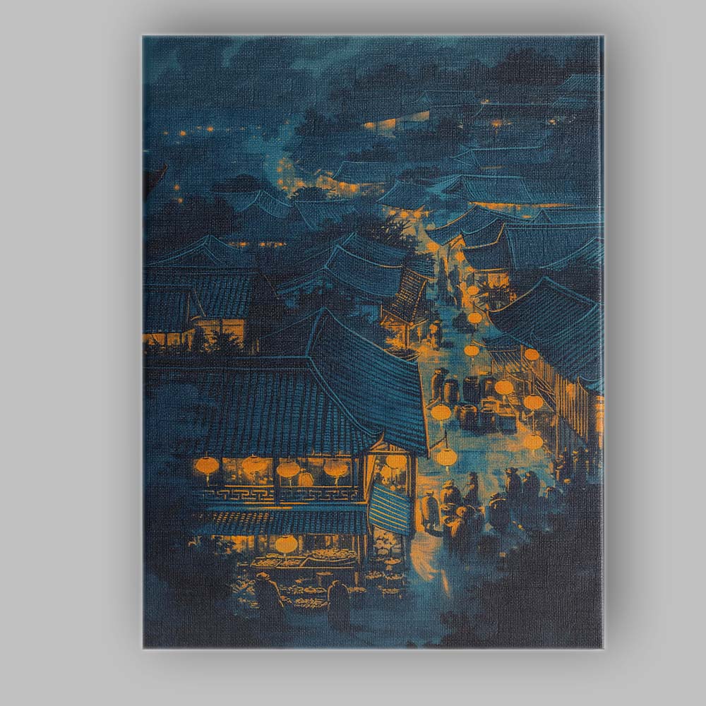 Moonlit Oriental Village Rooftops Lantern Festival Canvas Wall Art Print Decor Picture Ready to Hang
