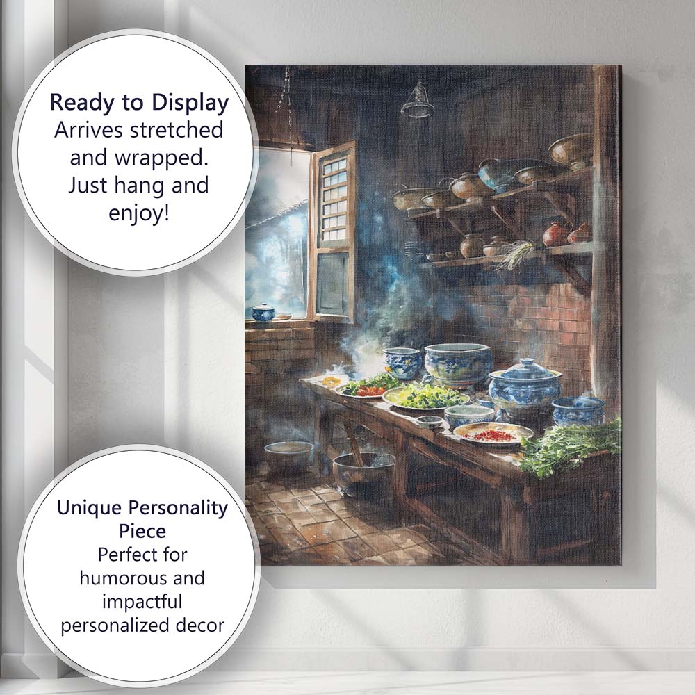 Rustic Chinese Country Kitchen Watercolour Culinary Interior Canvas Wall Art Print Decor Picture Ready to Hang