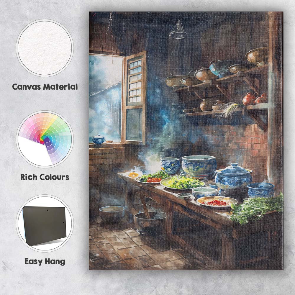 Rustic Chinese Country Kitchen Watercolour Culinary Interior Canvas Wall Art Print Decor Picture Ready to Hang