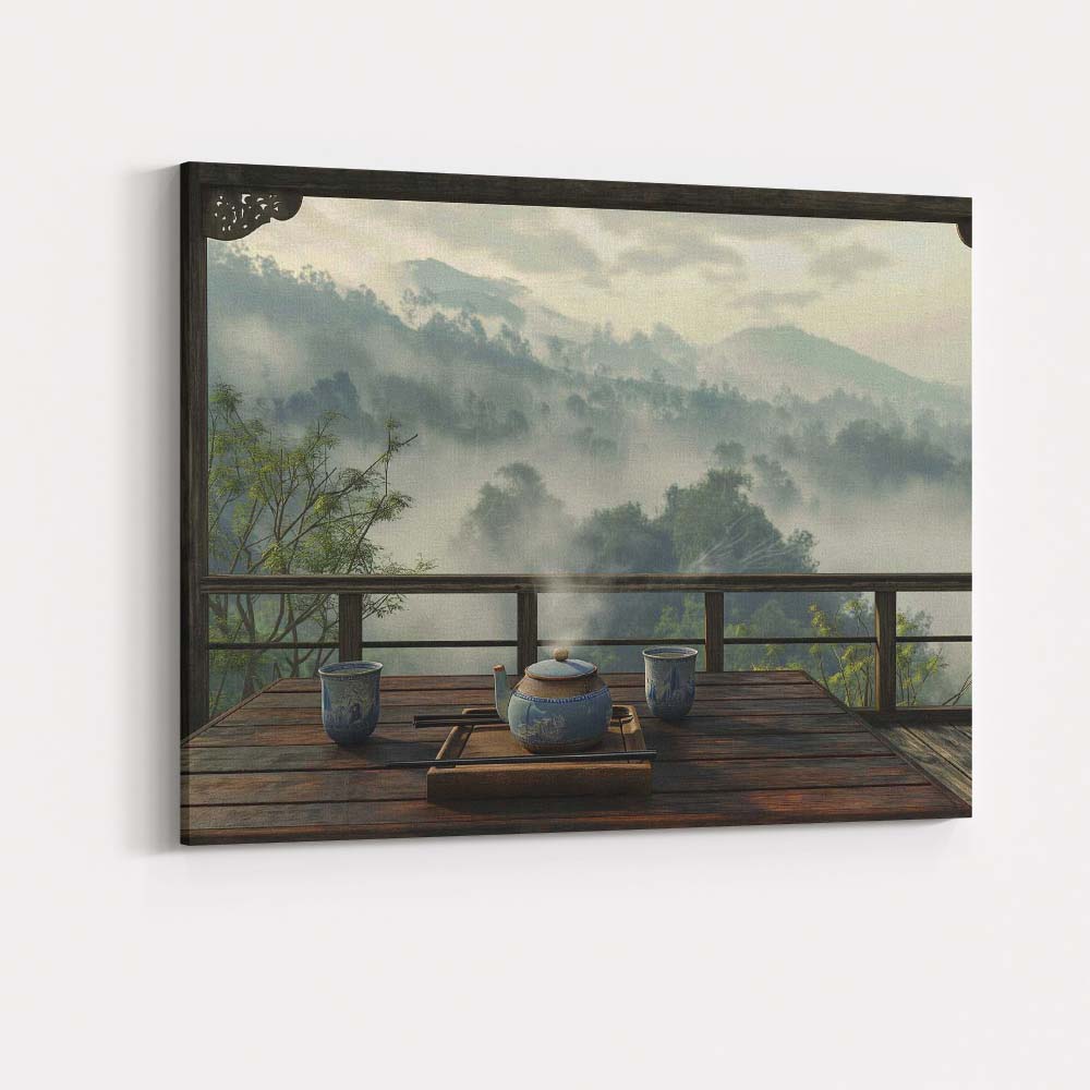 Peaceful Mountain Tea Ceremony Balcony Misty Landscape Canvas Wall Art Print Decor Picture Ready to Hang