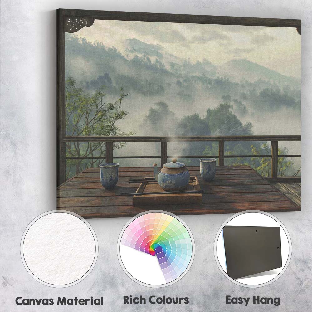 Peaceful Mountain Tea Ceremony Balcony Misty Landscape Canvas Wall Art Print Decor Picture Ready to Hang