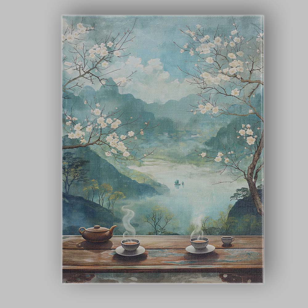 White Cherry Blossom Mountain Lake Oriental Landscape Canvas Wall Art Print Decor Picture Ready to Hang