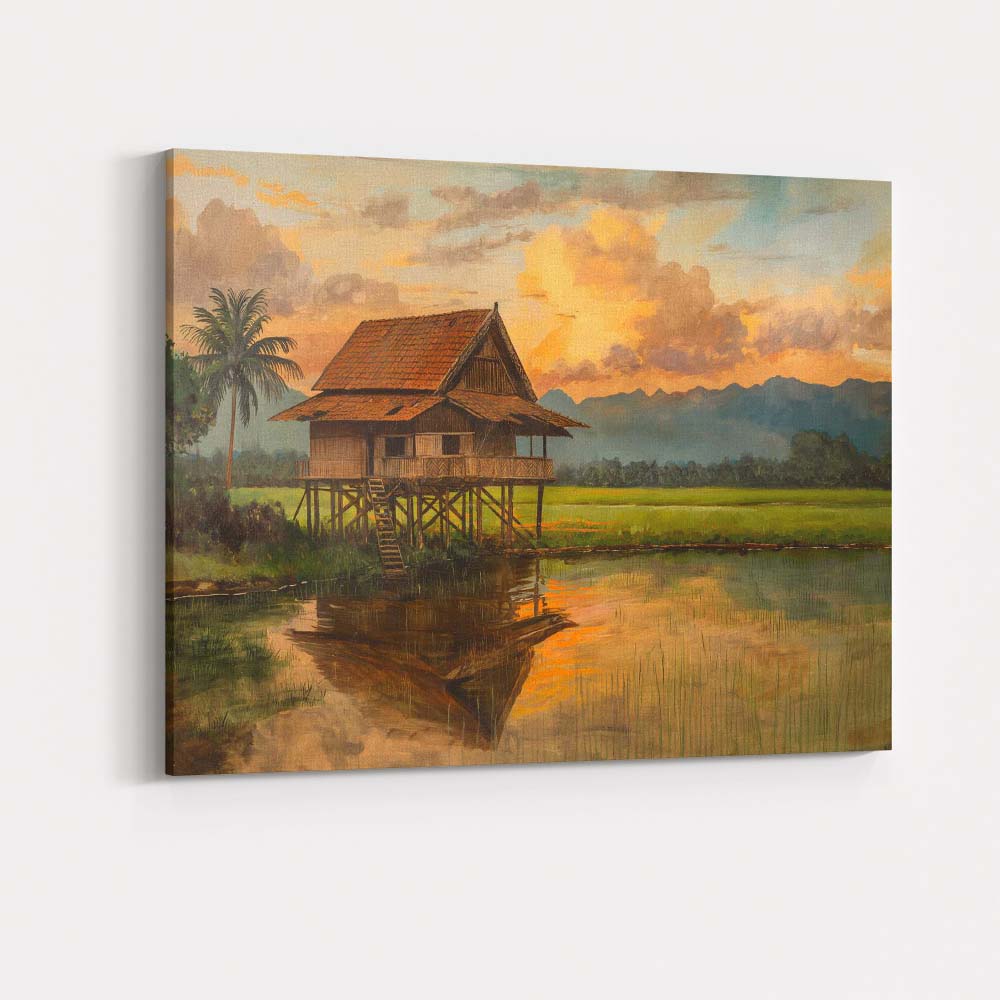 Traditional Stilt House Rice Field Sunset Landscape Canvas Wall Art Print Decor Picture Ready to Hang