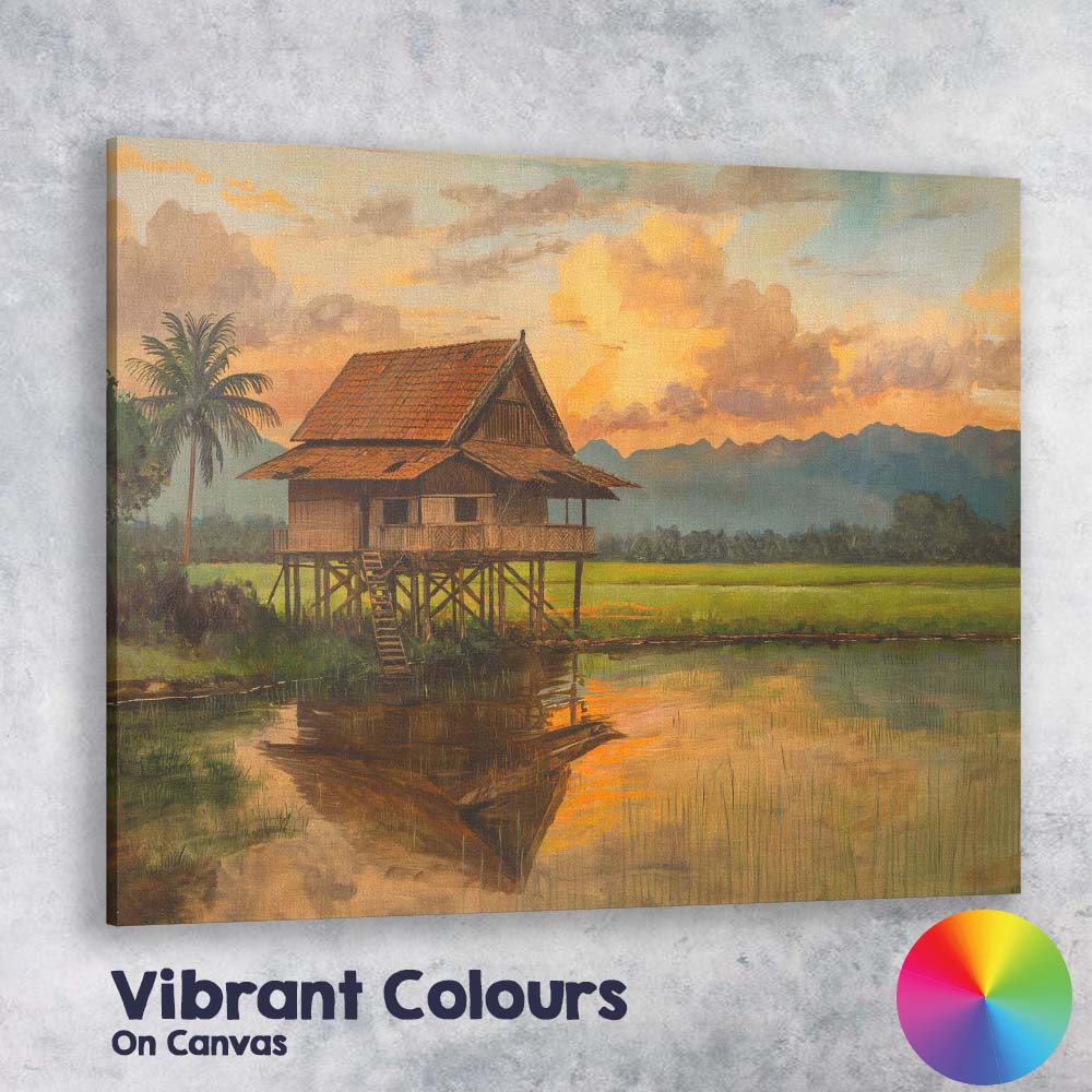 Traditional Stilt House Rice Field Sunset Landscape Canvas Wall Art Print Decor Picture Ready to Hang