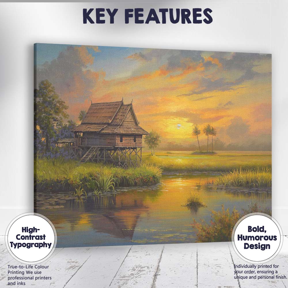 Peaceful Countryside Stilt House River Sunset Landscape Canvas Wall Art Print Decor Picture Ready to Hang