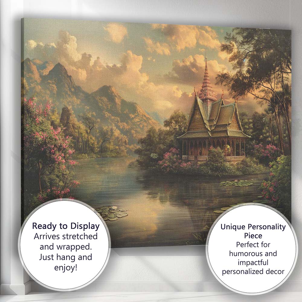 Peaceful Thai Temple Mountain Lake Sunset Landscape Canvas Wall Art Print Decor Picture Ready to Hang