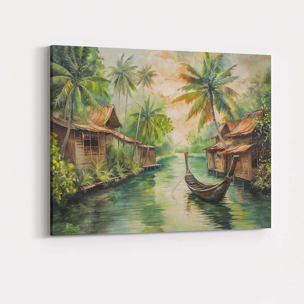 Tranquil Tropical Riverside Village Longtail Boat Painting Canvas Wall Art Print Decor Picture Ready to Hang