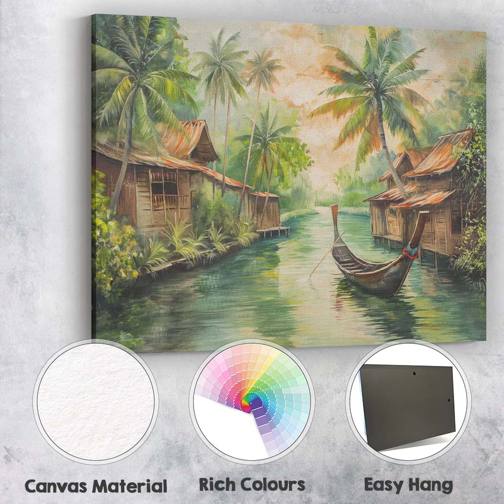 Tranquil Tropical Riverside Village Longtail Boat Painting Canvas Wall Art Print Decor Picture Ready to Hang