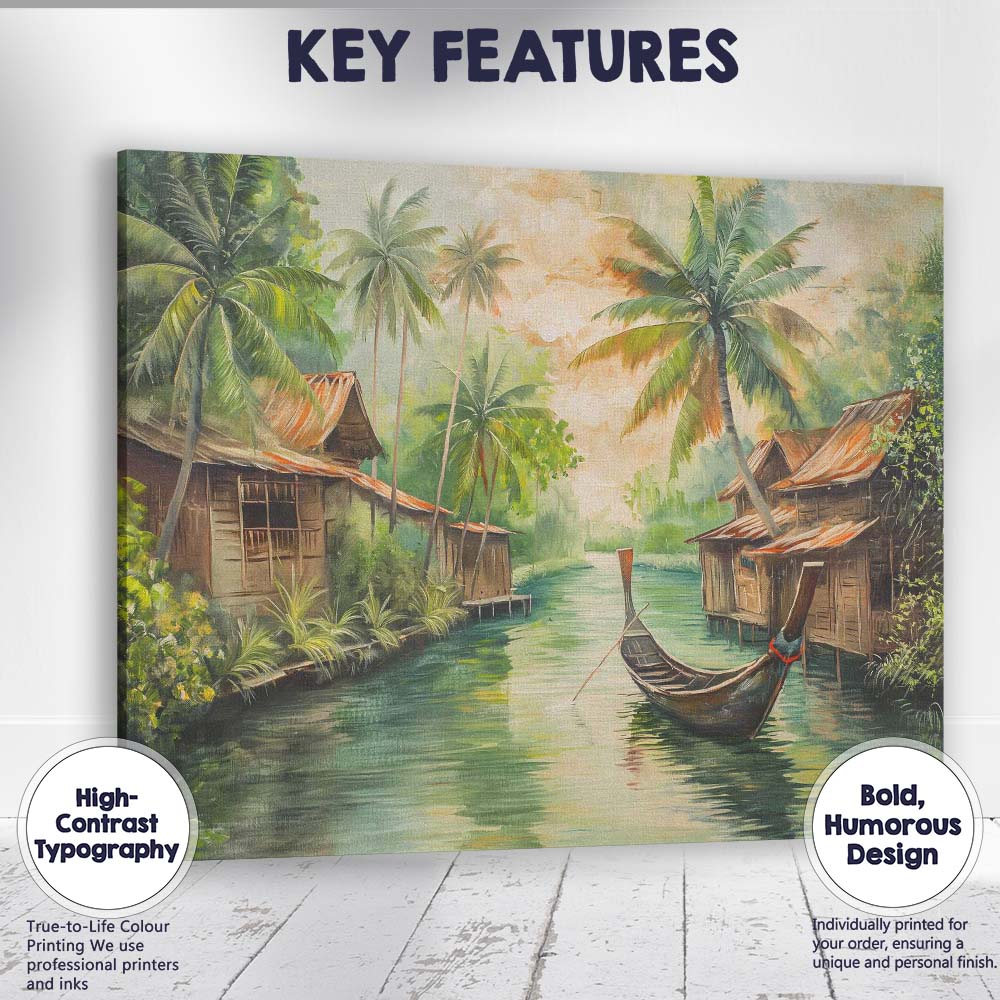 Tranquil Tropical Riverside Village Longtail Boat Painting Canvas Wall Art Print Decor Picture Ready to Hang