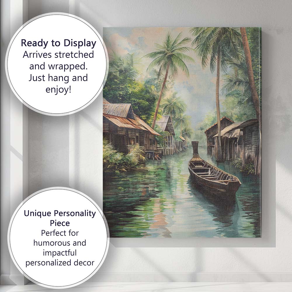 Serene Palm Lined Waterway Traditional Village Painting Canvas Wall Art Print Decor Picture Ready to Hang