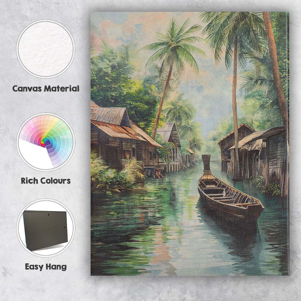 Serene Palm Lined Waterway Traditional Village Painting Canvas Wall Art Print Decor Picture Ready to Hang