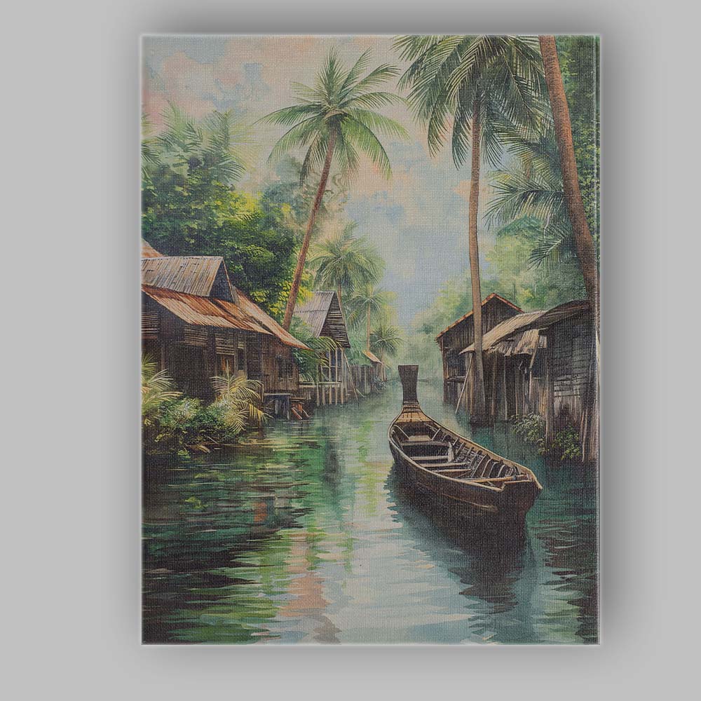 Serene Palm Lined Waterway Traditional Village Painting Canvas Wall Art Print Decor Picture Ready to Hang