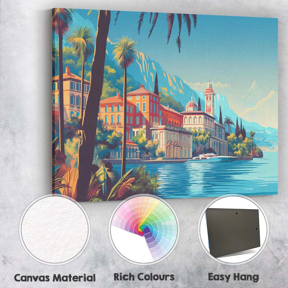Italian Lakeside Mediterranean Villa Scenic Waterfront Landscape Canvas Wall Art Print Decor Picture Ready to Hang