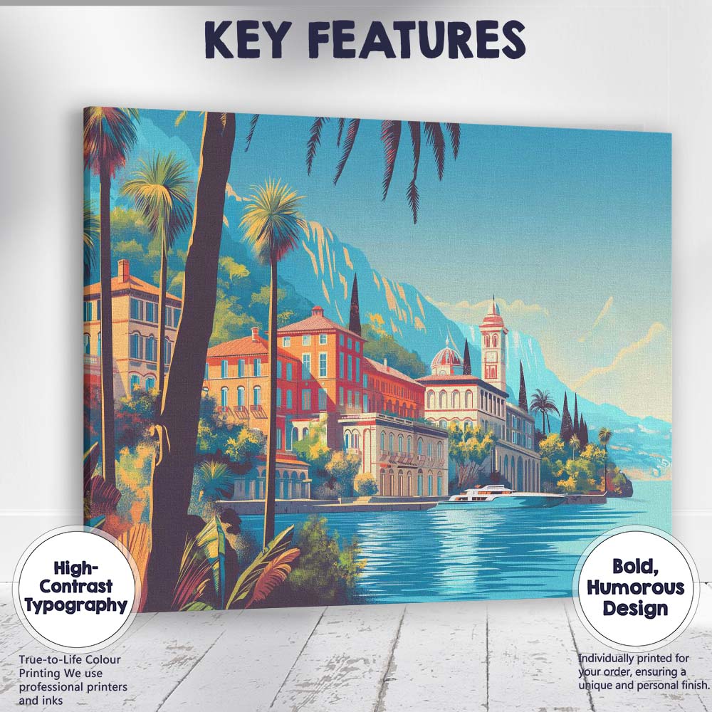 Italian Lakeside Mediterranean Villa Scenic Waterfront Landscape Canvas Wall Art Print Decor Picture Ready to Hang