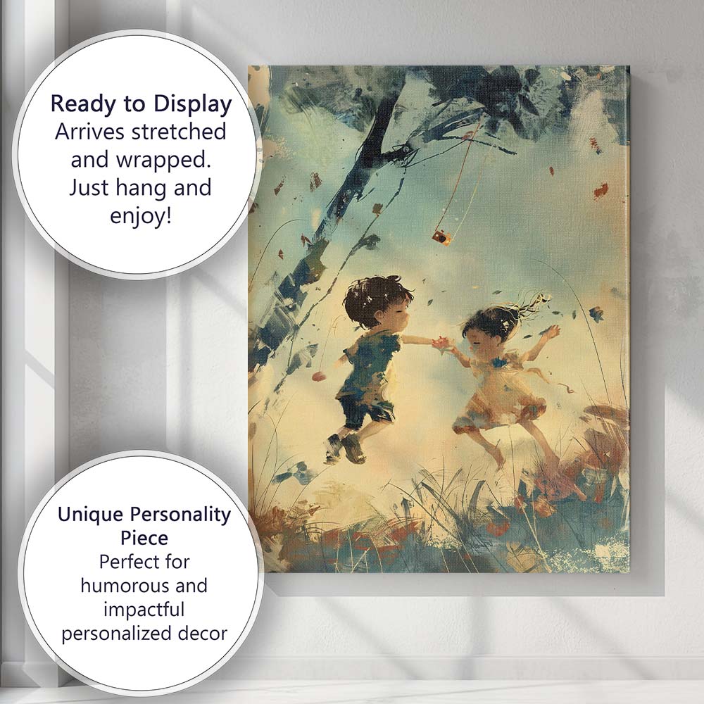 Dreamy Childhood Friendship Meadow Impressionist Painting Canvas Wall Art Print Decor Picture Ready to Hang