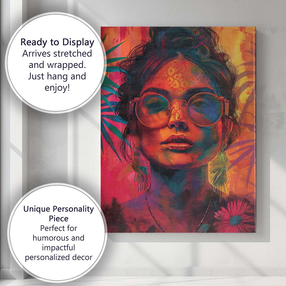 Vibrant Colourful Woman Portrait Round Glasses Contemporary Pop Art Canvas Wall Art Print Decor Picture Ready to Hang